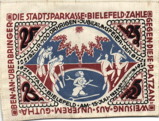 Bielefeld 25 Mark - Stoffgeld ( Seide ) 15.7.1921 #1462