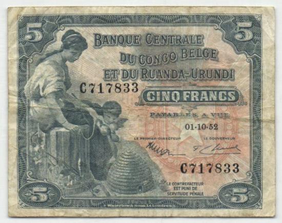 Belgisch Kongo P.021 - 5 Francs 1.10.1952 F+