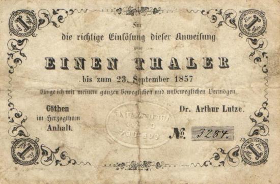 Herzogthum Anhalt - Cöthen 1 Thaler - Dr. Arthur Lutze  23.9.1857 F