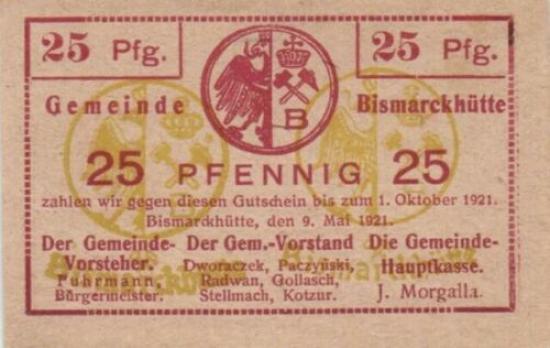 Bismarckhütte - polnisch Oberschlesien 25 Pfennig 9.5.1921 UNC #1478