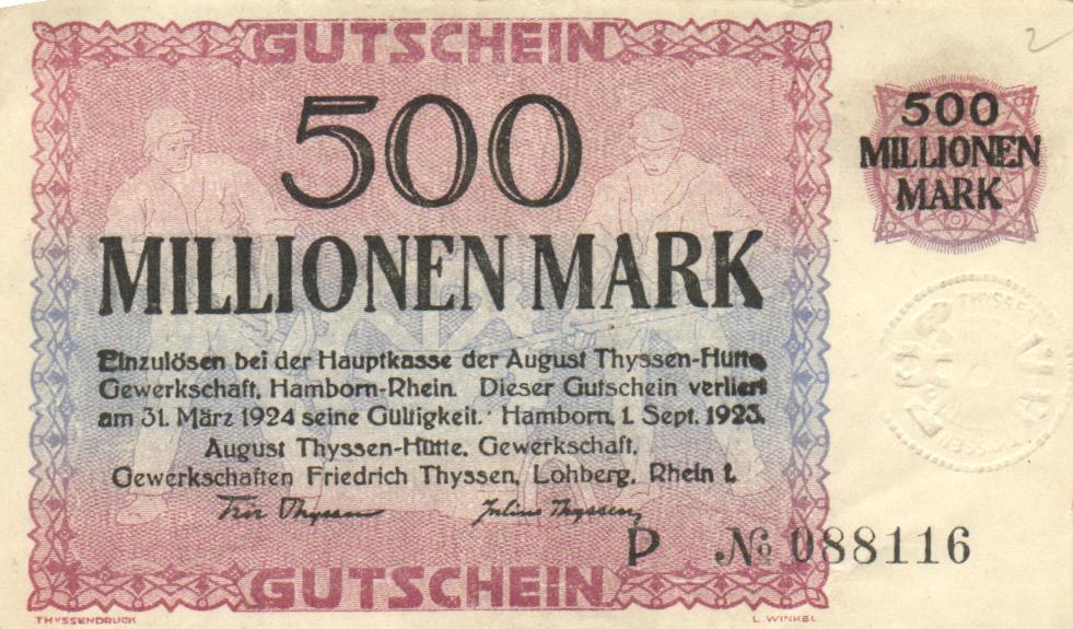 Weltbanknote Hamborn 500 Millionen Mark Serie P Friedrich Thyssen 1.9.1923 VF 546 Weltbanknote Hamborn 500 Millionen Mark Serie P Friedrich Thyssen 1.9.1923 VF 546