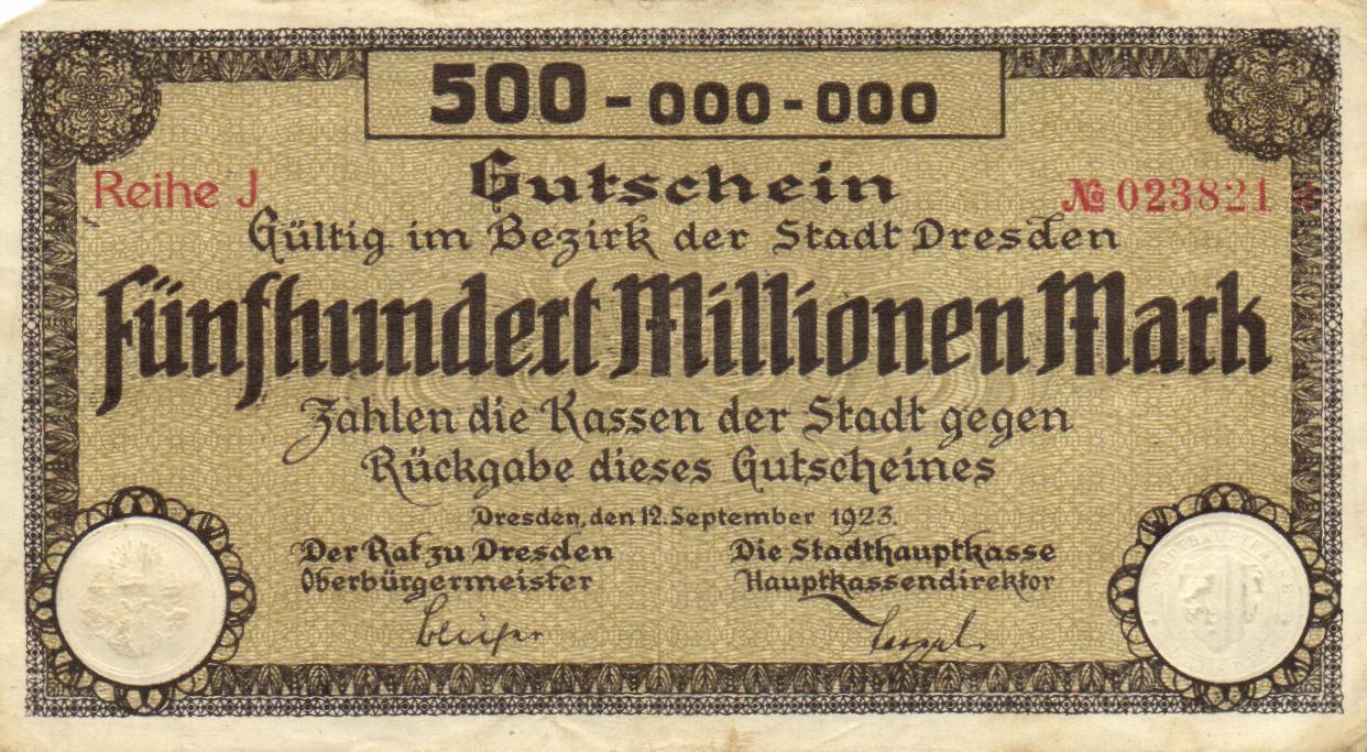 Weltbanknote Dresden 500 Millionen Mark Reihe J 12.9.1923 F 393 Weltbanknote Dresden 500 Millionen Mark Reihe J 12.9.1923 F 393